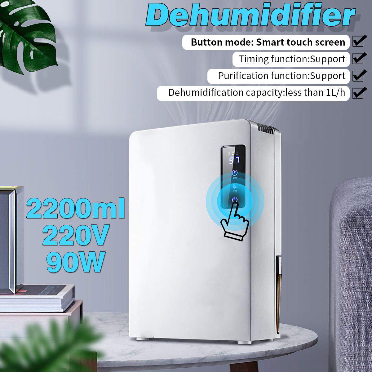 2200ML Electric Dehumidifier Air Dryer Multifucntion Air Purifier Smart Touch Home Mute LED Screen Double Drainage System Home