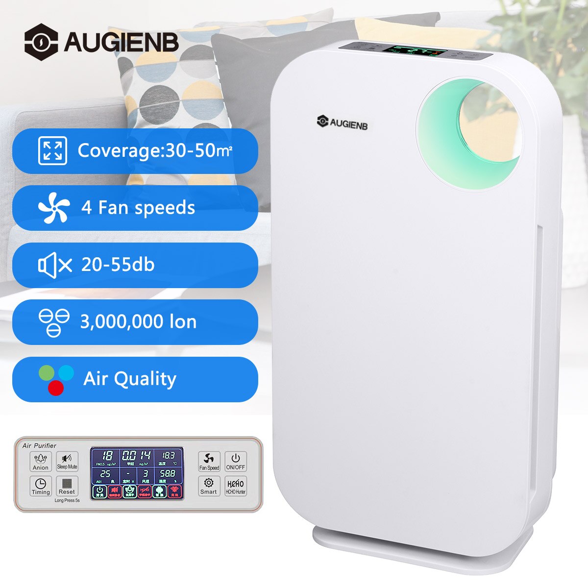 AUGIENB Air Purifier with HEPA Filter Allergies Eliminator Negative ion Air Cleaner For PM2.5 Dust Pollen Smoke Pet Dander